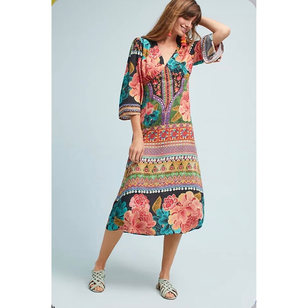 Farm Rio Rosario Midi Dress Mixed Floral Geometric Print Bell Sleeve XS Multi